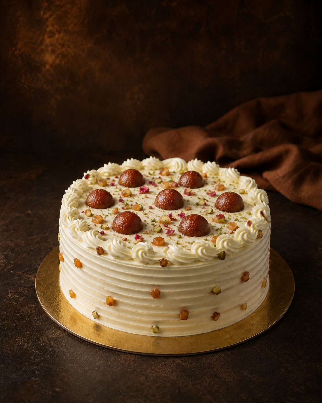 AYL Home Bakers signature Gulab Jamun cake with cream frosting and pistachios